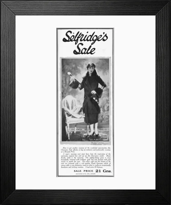 Framed Print : Advert for Selfridges illustrating a gown and coat, London Framed Print : Advert for Selfridges illustrating a gown and coat, London