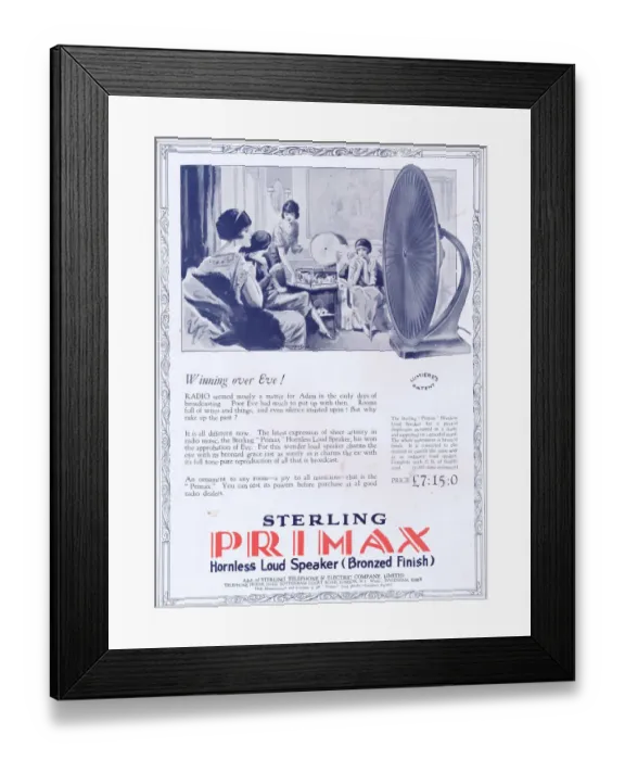 Framed Print : Advert for Sterling Primax hornless loud speaker, 1925 Framed Print : Advert for Sterling Primax hornless loud speaker, 1925