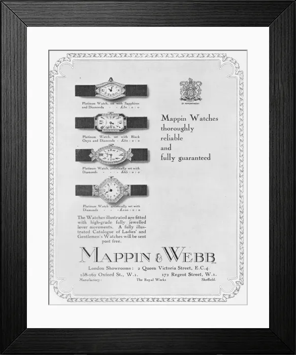 Framed Print : Advert for watches from Mappin and Webb, London, 1925 Framed Print : Advert for watches from Mappin and Webb, London, 1925