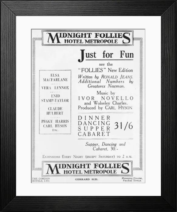 Framed Print : Advert for the Midnight Follies cabaret show Framed Print : Advert for the Midnight Follies cabaret show
