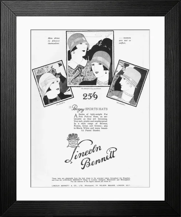 Framed Print : Advert for Bogey Sports Hats from Lincoln Bennett, London Framed Print : Advert for Bogey Sports Hats from Lincoln Bennett, London