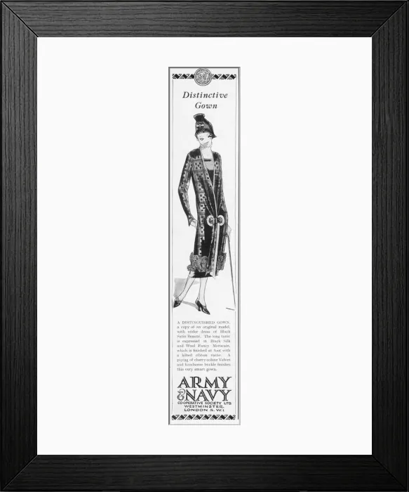 Framed Print : Advert for a distinctive gown of black satin beaute Framed Print : Advert for a distinctive gown of black satin beaute