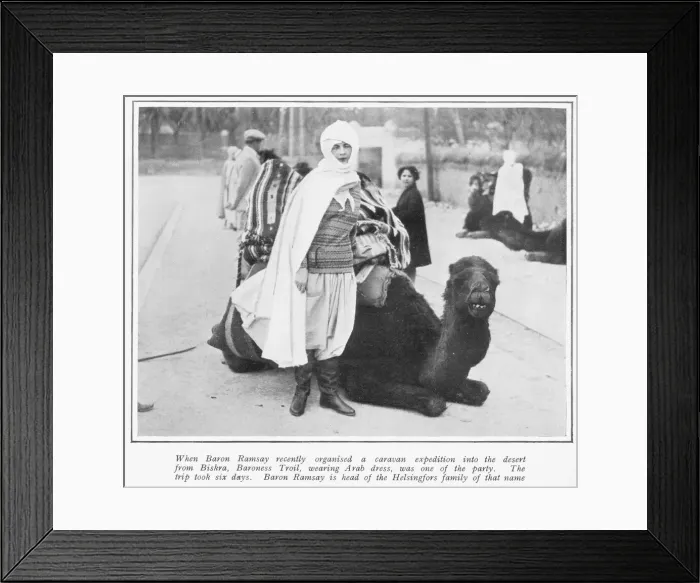 Framed Print : Baroness Troil in Arab dress with a camel, Biskra, Sahara Framed Print : Baroness Troil in Arab dress with a camel, Biskra, Sahara
