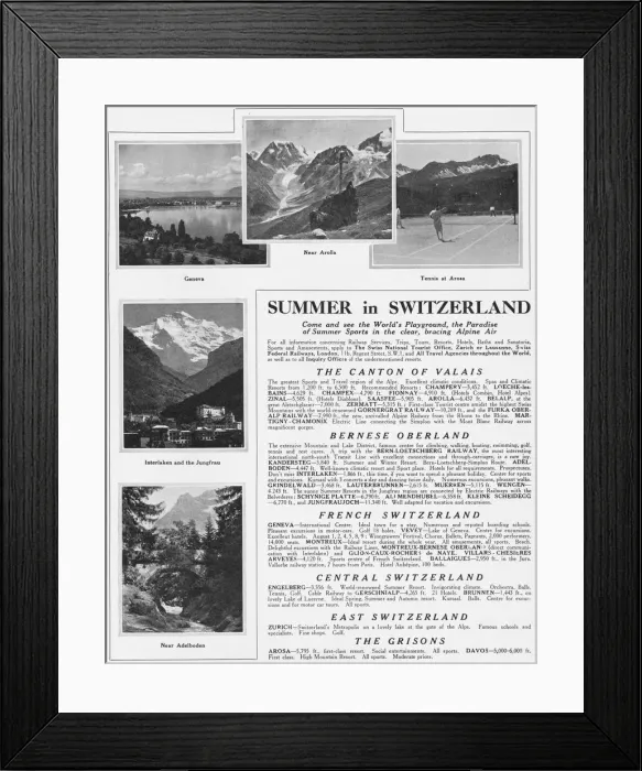 Framed Print : Advert for summer holidays in Switzerland, 1927 Framed Print : Advert for summer holidays in Switzerland, 1927
