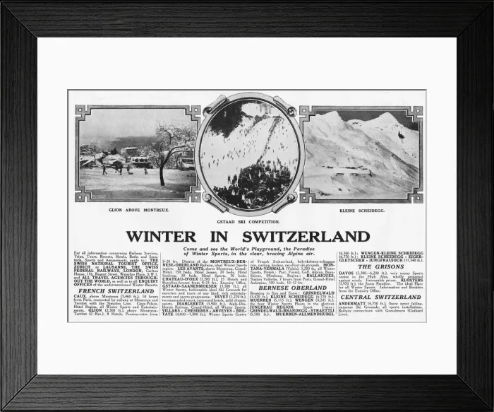 Framed Print : Advert for winter holidays in Switzerland, 1927