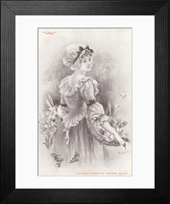 Framed Print : Lilies. A young lady in Georgian costume and a mob-cap, carrying baskets of lilies Framed Print : Lilies. A young lady in Georgian costume and a mob-cap, carrying baskets of lilies
