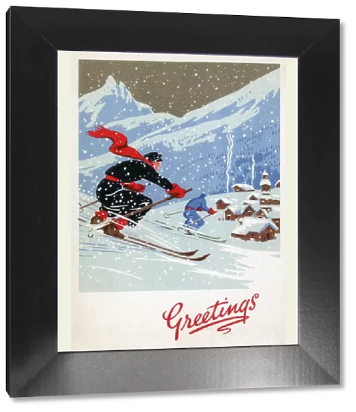 Christmas and New Year Greetings Card - Skiing Date: 1946