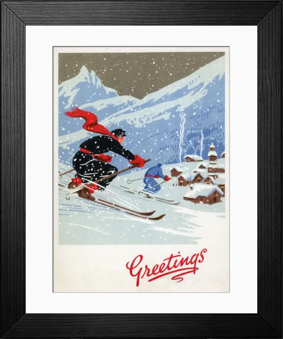 Framed Print : Christmas and New Year Greetings Card - Skiing Date: 1946 Framed Print : Christmas and New Year Greetings Card - Skiing Date: 1946