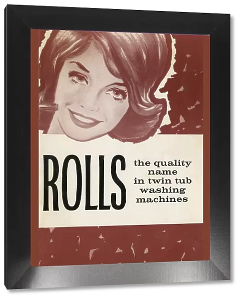 Brochure cover for Rolls Twin Tub washing machines, featuring the smiling face of a happy