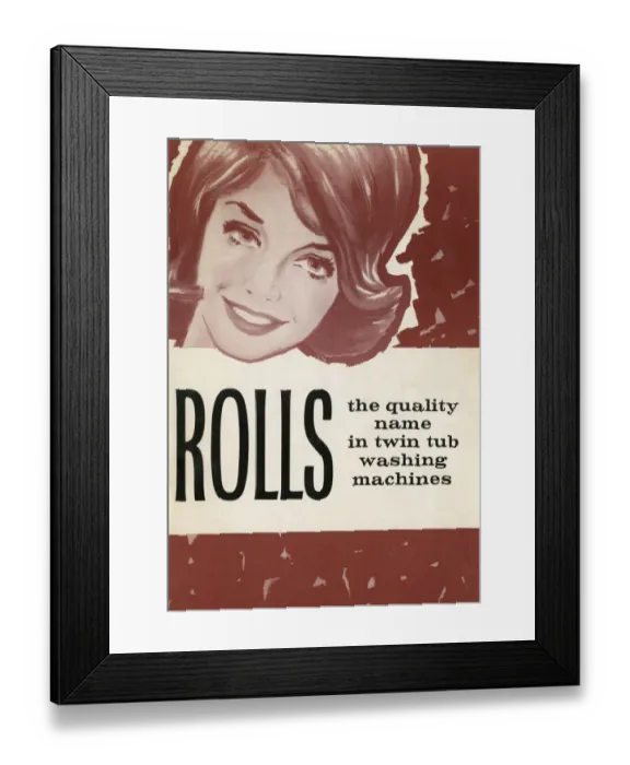 Framed Print : Brochure cover for Rolls Twin Tub washing machines, featuring the smiling face of a happy Framed Print : Brochure cover for Rolls Twin Tub washing machines, featuring the smiling face of a happy