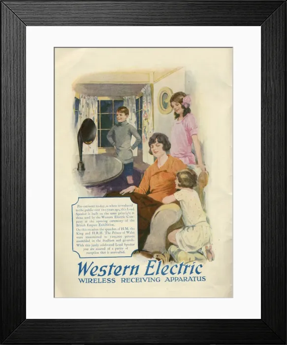 Framed Print : Advertisement for Western Electric wireless receiving apparatus showing a family Framed Print : Advertisement for Western Electric wireless receiving apparatus showing a family