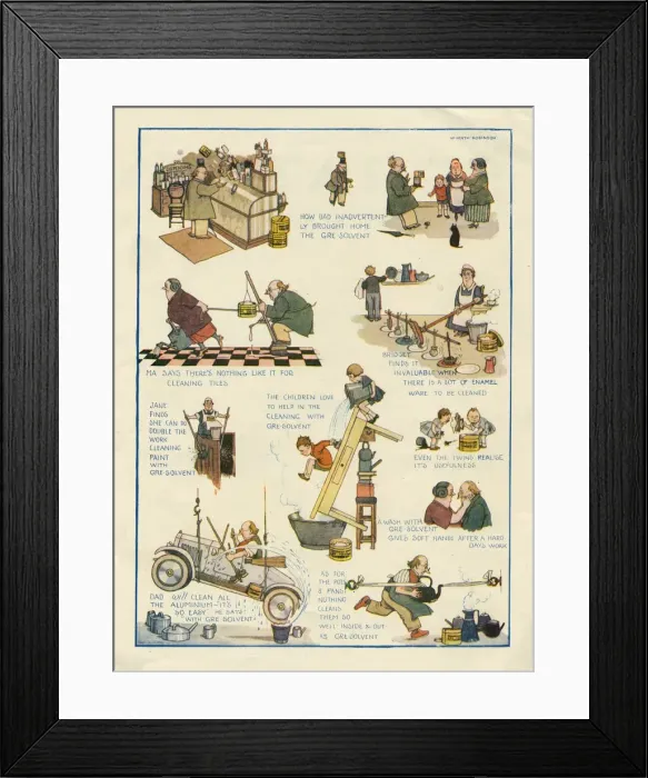 Framed Print : Advertisement for Gre-Solvent cleaning fluid by the inimitable William Heath Robinson Framed Print : Advertisement for Gre-Solvent cleaning fluid by the inimitable William Heath Robinson