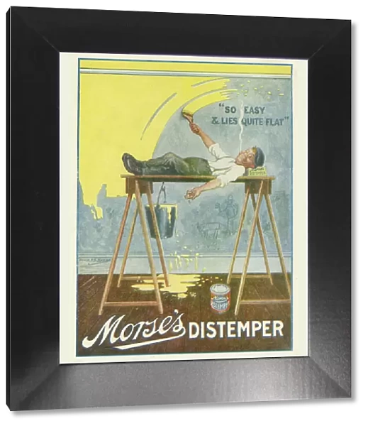 Advertisement for Morses distemper with a decorator lying flat while painting the walls