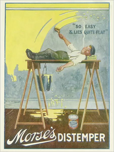 Advertisement for Morses distemper with a decorator lying flat while painting the walls