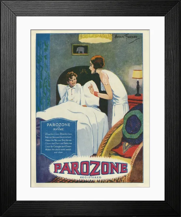 Framed Print : Advertisement for Parozone showing a mother, in a pristine white dress Framed Print : Advertisement for Parozone showing a mother, in a pristine white dress