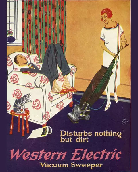 Advertisement for the Western Electric vacuum cleaner with a women patiently cleaning