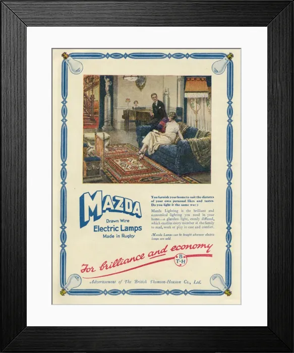 Framed Print : Advertisement for Mazda electric lamps (made in Rugby) showing people in a rather opulent Framed Print : Advertisement for Mazda electric lamps (made in Rugby) showing people in a rather opulent