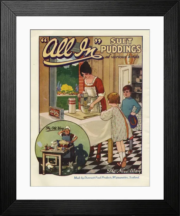 Framed Print : Advertisement for All-In suet puddings of various kinds - the new way Framed Print : Advertisement for All-In suet puddings of various kinds - the new way