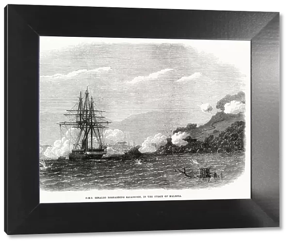 HMS Rinaldo bombarding Salangore in the Strait of Malacca. Date: 1871