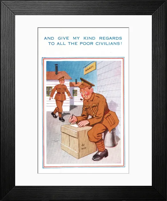 Framed Print : Comic postcard, Soldiers in the British Army, WW2 - a soldier sitting outside the NaFI Framed Print : Comic postcard, Soldiers in the British Army, WW2 - a soldier sitting outside the NaFI