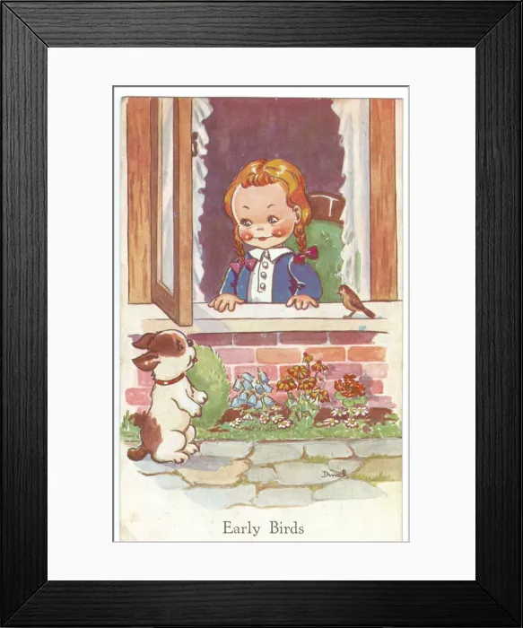Framed Print : WW2 era - Comic Postcard - Early Birds Framed Print : WW2 era - Comic Postcard - Early Birds