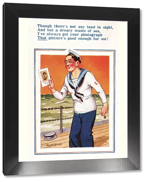 Comic postcard, Sailor in the British Royal Navy, WW2 - with a photo of his sweetheart