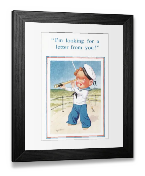 Framed Print : Comic postcard, Sailor in the British Royal Navy, WW2 - looking for a letter from his Framed Print : Comic postcard, Sailor in the British Royal Navy, WW2 - looking for a letter from his