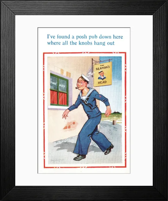 Framed Print : Comic postcard, Sailor in the British Royal Navy, WW2 - striding into a pub Framed Print : Comic postcard, Sailor in the British Royal Navy, WW2 - striding into a pub