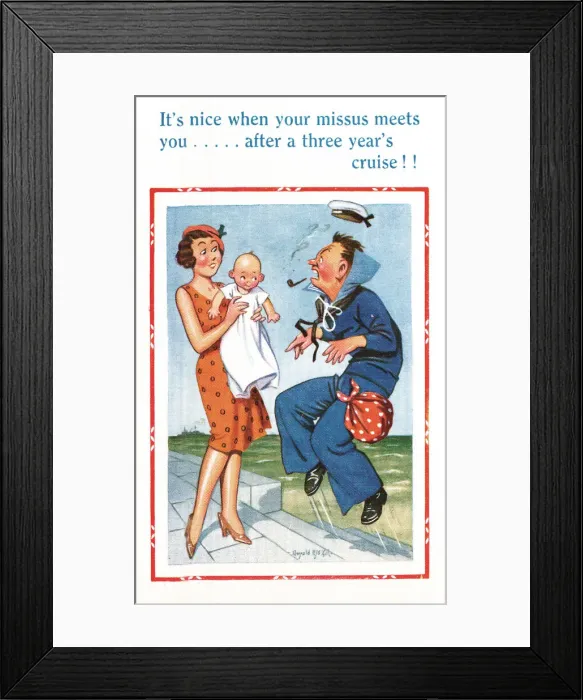 Framed Print : Comic postcard, Sailor in the British Royal Navy, WW2 - an unexpected baby Framed Print : Comic postcard, Sailor in the British Royal Navy, WW2 - an unexpected baby