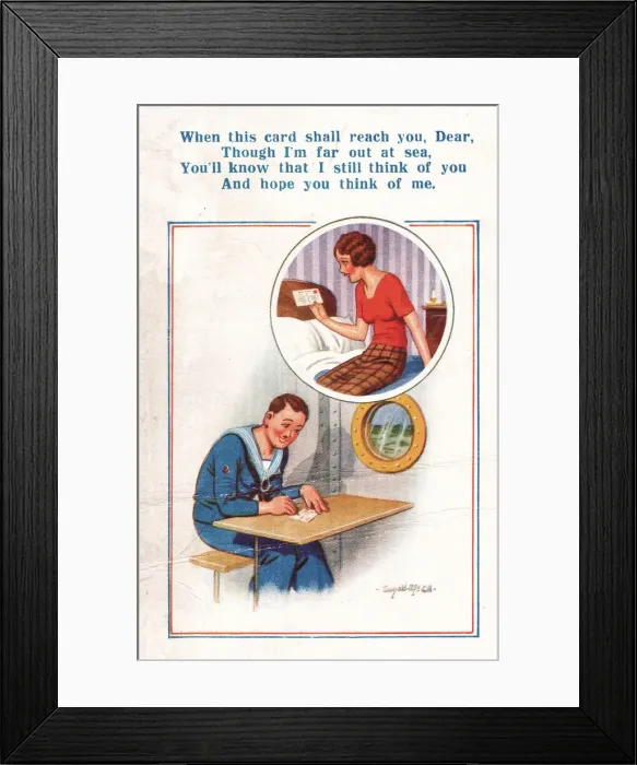 Framed Print : Comic postcard, Sailor in the British Royal Navy, WW2 - writing to his sweetheart Framed Print : Comic postcard, Sailor in the British Royal Navy, WW2 - writing to his sweetheart