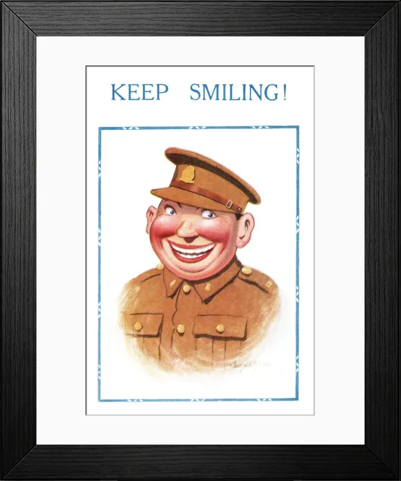 Framed Print : Comic postcard, Soldier in the British Army, WW2 - Keep Smiling! Date: circa 1940s Framed Print : Comic postcard, Soldier in the British Army, WW2 - Keep Smiling! Date: circa 1940s