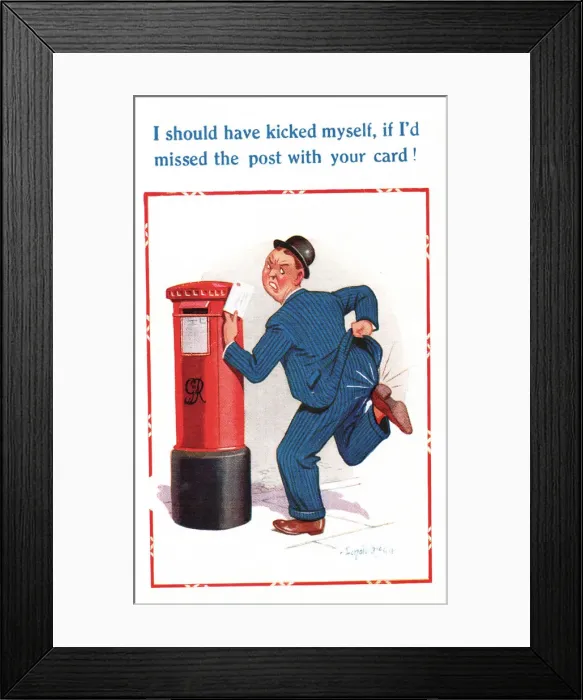 Framed Print : Comic postcard, man posting a birthday card Framed Print : Comic postcard, man posting a birthday card
