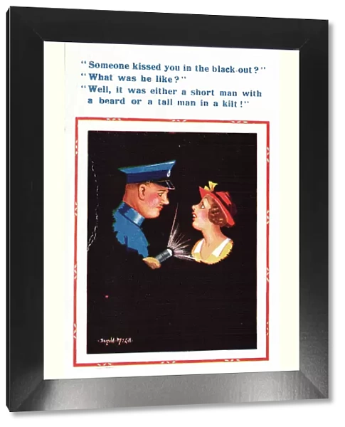 Comic postcard, woman and policeman in blackout, WW2 - how to identify the man who kissed