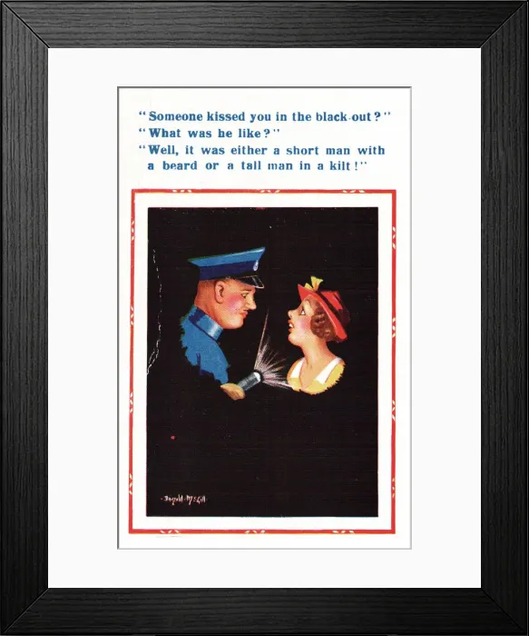 Framed Print : Comic postcard, woman and policeman in blackout, WW2 - how to identify the man who kissed Framed Print : Comic postcard, woman and policeman in blackout, WW2 - how to identify the man who kissed