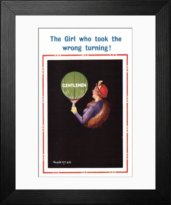 Framed Print : Comic postcard, woman takes wrong turning in blackout, WW2 Framed Print : Comic postcard, woman takes wrong turning in blackout, WW2