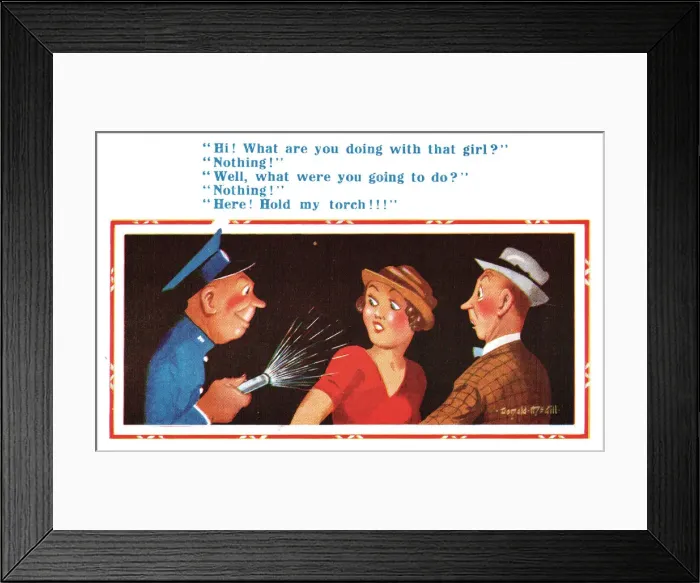 Framed Print : Comic postcard, couple and policeman in blackout, WW2. Date: circa 1940s Framed Print : Comic postcard, couple and policeman in blackout, WW2. Date: circa 1940s
