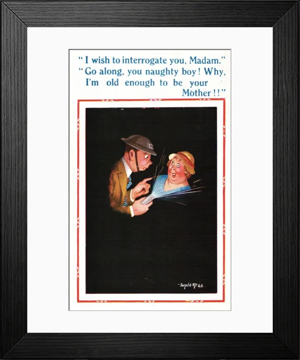 Framed Print : Comic postcard, woman and ARP man in blackout, WW2 Framed Print : Comic postcard, woman and ARP man in blackout, WW2