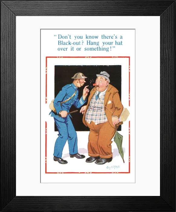 Framed Print : Comic postcard, man and policeman in blackout, WW2 Framed Print : Comic postcard, man and policeman in blackout, WW2