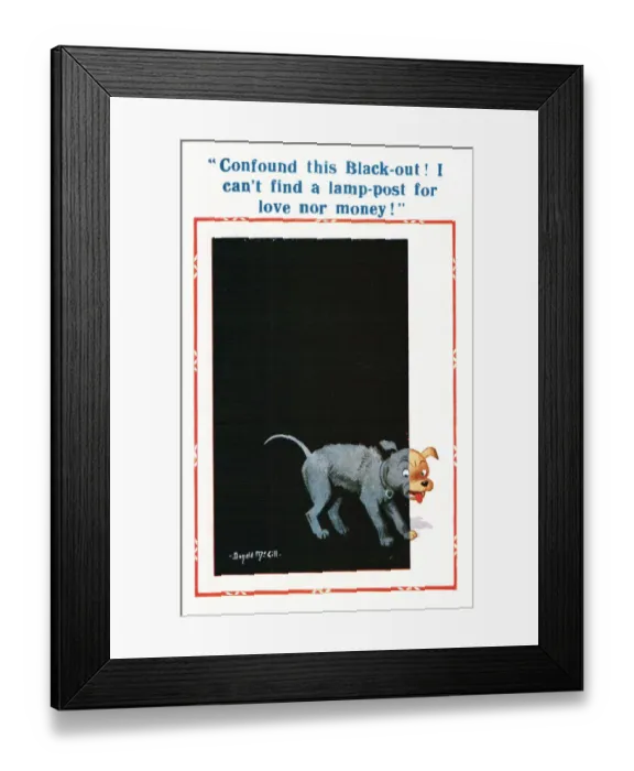 Framed Print : Comic postcard, dog looks for lamp post in blackout, WW2 Date: circa 1940s Framed Print : Comic postcard, dog looks for lamp post in blackout, WW2 Date: circa 1940s