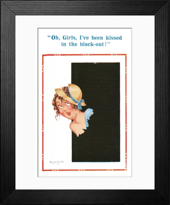 Framed Print : Comic postcard, woman kissed in blackout, WW2 Date: circa 1940s Framed Print : Comic postcard, woman kissed in blackout, WW2 Date: circa 1940s