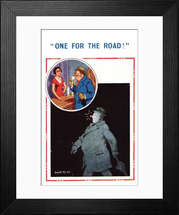 Framed Print : Comic postcard, man with a glowing nose in the blackout, WW2 - One For the Road Framed Print : Comic postcard, man with a glowing nose in the blackout, WW2 - One For the Road