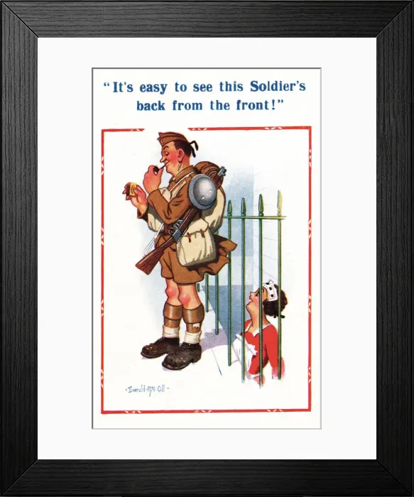 Framed Print : Comic postcard, Scottish Soldier in the British Army, WW2 - a maid looks up at him from a Framed Print : Comic postcard, Scottish Soldier in the British Army, WW2 - a maid looks up at him from a