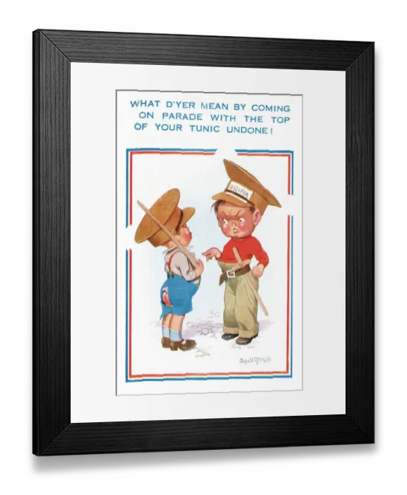 Framed Print : Comic postcard, Two boys playing at soldiers, WW2 Framed Print : Comic postcard, Two boys playing at soldiers, WW2