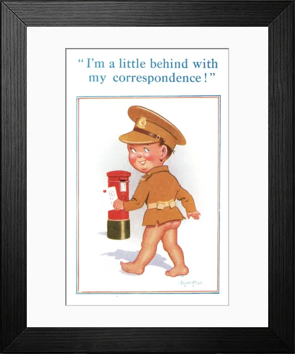 Framed Print : Comic postcard, Boy soldier posting a letter, WW2 Framed Print : Comic postcard, Boy soldier posting a letter, WW2