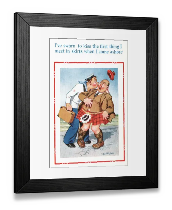 Framed Print : Comic postcard, Sailor and Scotsman, WW2 - kissing the first thing he meets in skirts Framed Print : Comic postcard, Sailor and Scotsman, WW2 - kissing the first thing he meets in skirts