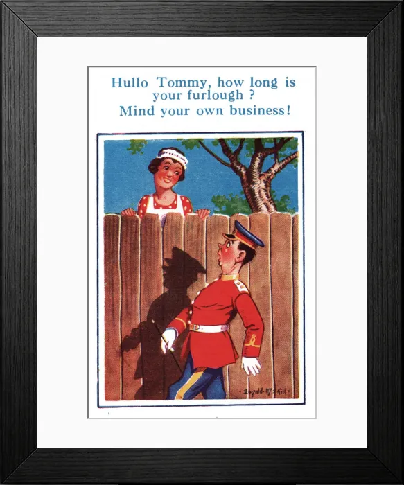 Framed Print : Comic postcard, Guardsman and maid, WW2 - How long is your furlough Framed Print : Comic postcard, Guardsman and maid, WW2 - How long is your furlough