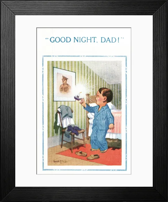 Framed Print : Comic postcard, Absent soldier and his son, WW2 Framed Print : Comic postcard, Absent soldier and his son, WW2