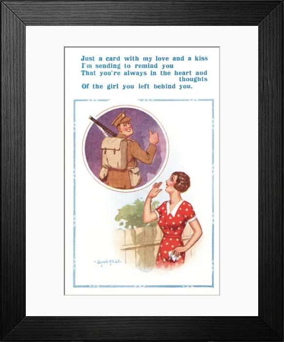 Framed Print : Comic postcard, Soldier and his girlfriend, WW2 Date: circa 1940s Framed Print : Comic postcard, Soldier and his girlfriend, WW2 Date: circa 1940s