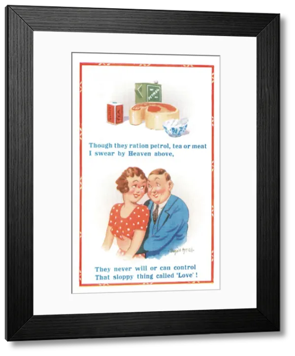 Framed Print : Comic postcard, couple with wartime rations, WW2 Framed Print : Comic postcard, couple with wartime rations, WW2