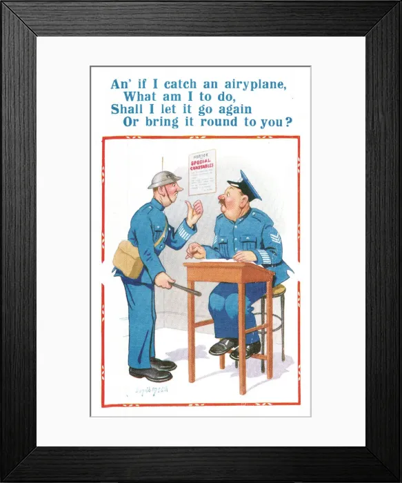 Framed Print : Comic postcard, two policeman in wartime, WW2 - Special Constable in need of some Framed Print : Comic postcard, two policeman in wartime, WW2 - Special Constable in need of some
